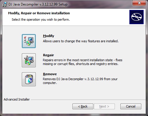 Modify, Repair or Remove installation of DJ Java Decompiler